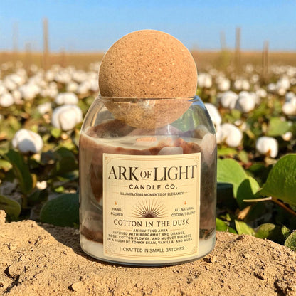 Candle with cork lid in a field of cotton, featuring 'ARK OF LIGHT CANDLE CO.'