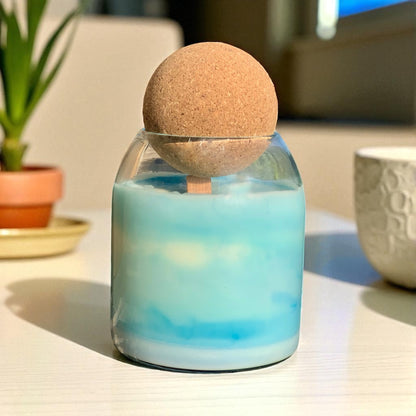 Glass diffuser with cork stopper on a table with a plant and pot in the background