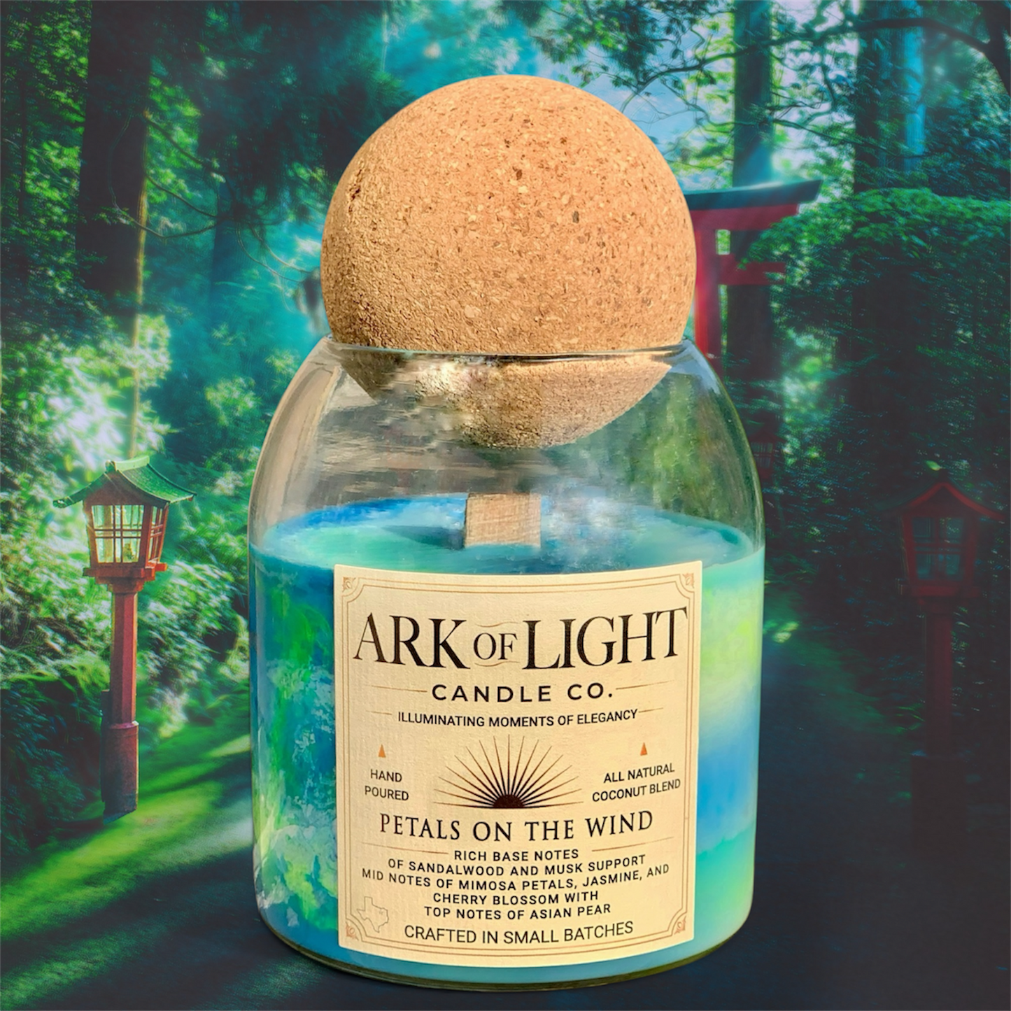 Candle in a glass jar with a cork lid against a forest background, featuring 'Ark of Light Candle Co.'