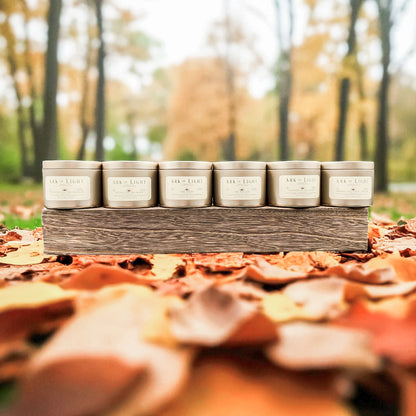 Set of Ark of Light candles on a wooden stand with a forest background